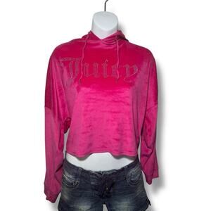 Juicy Couture Pink Cropped Pullover Hoodie Rhinestone Logo Y2K Loungewear L